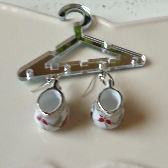 Handcrafted  Mini tea cup Drop Earrings - White with Red, Green & Gold - Picture 3 of 5